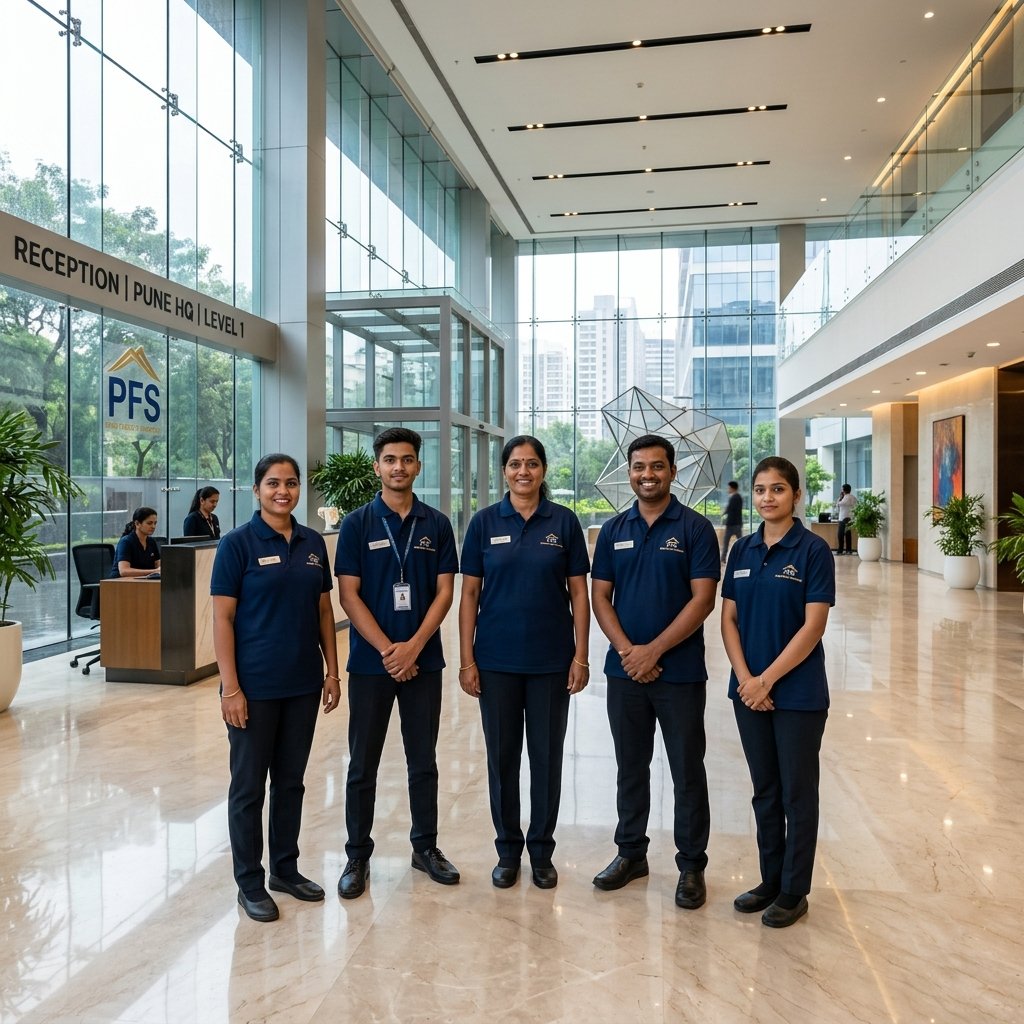 Shiv Housekeeping staff standing confidently in a modern Pune corporate office