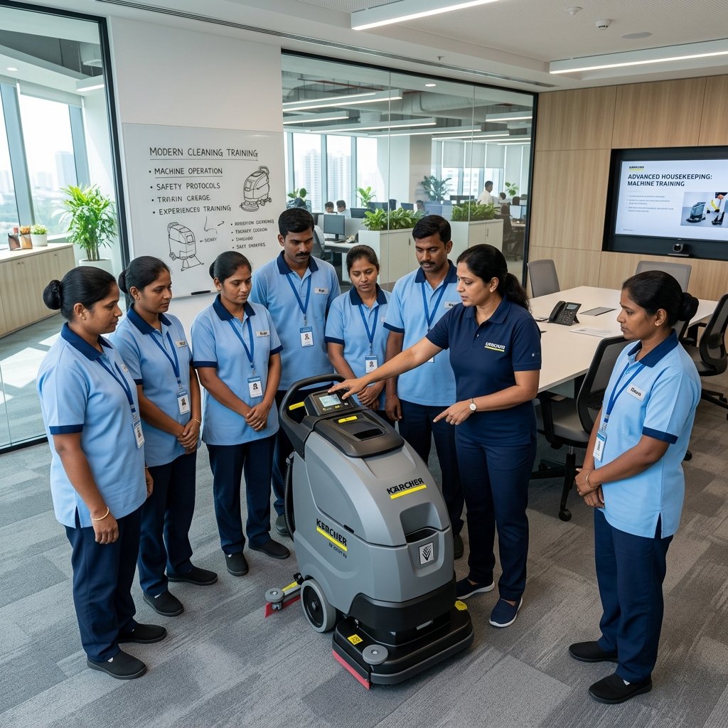Indian staff attending professional housekeeping equipment training class